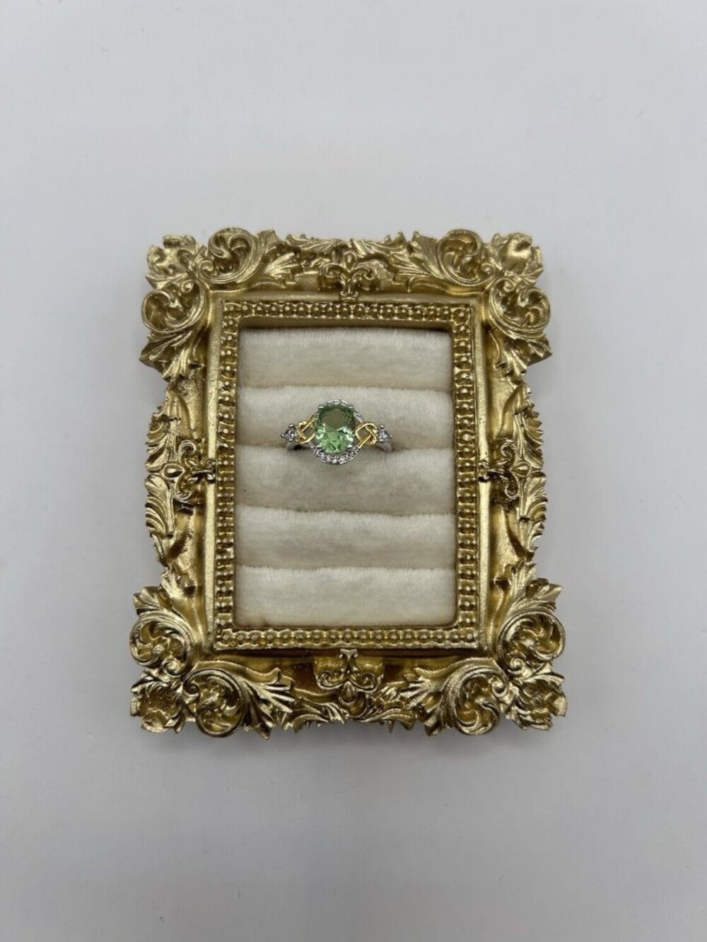 Sterling Silver Ring S925 Green Oval Gemstone w/ Gold Accents & CZ Halo Sz 7 - Picture 2 of 13